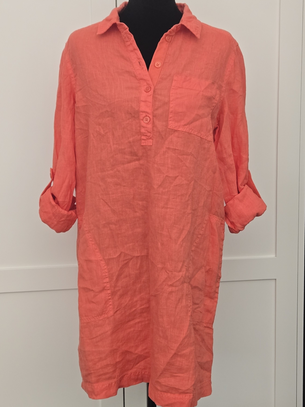 Michael Stars Coral Linen Pullover Midi Shirt Dress Long Roll-Tab Sleeves Small
